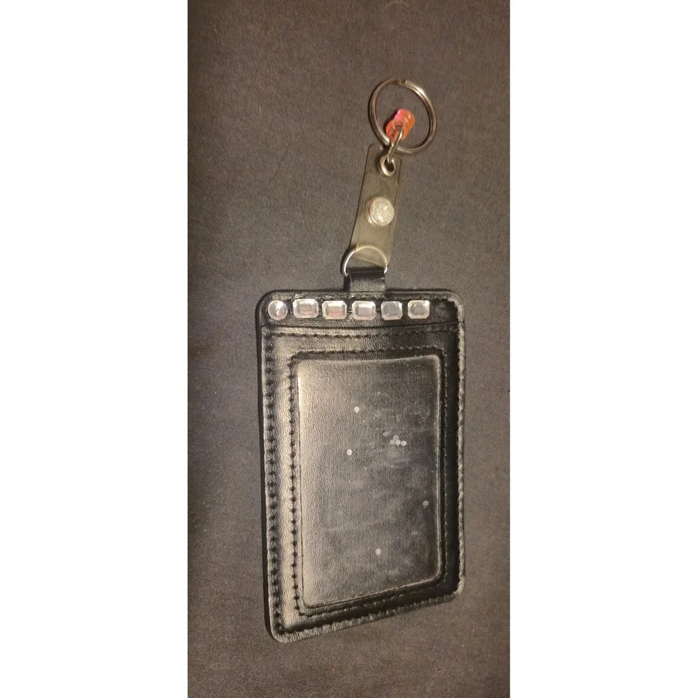 Black Faux Leather ID Badge Holder Rhinestone Accents‎ Key Ring Card Slot